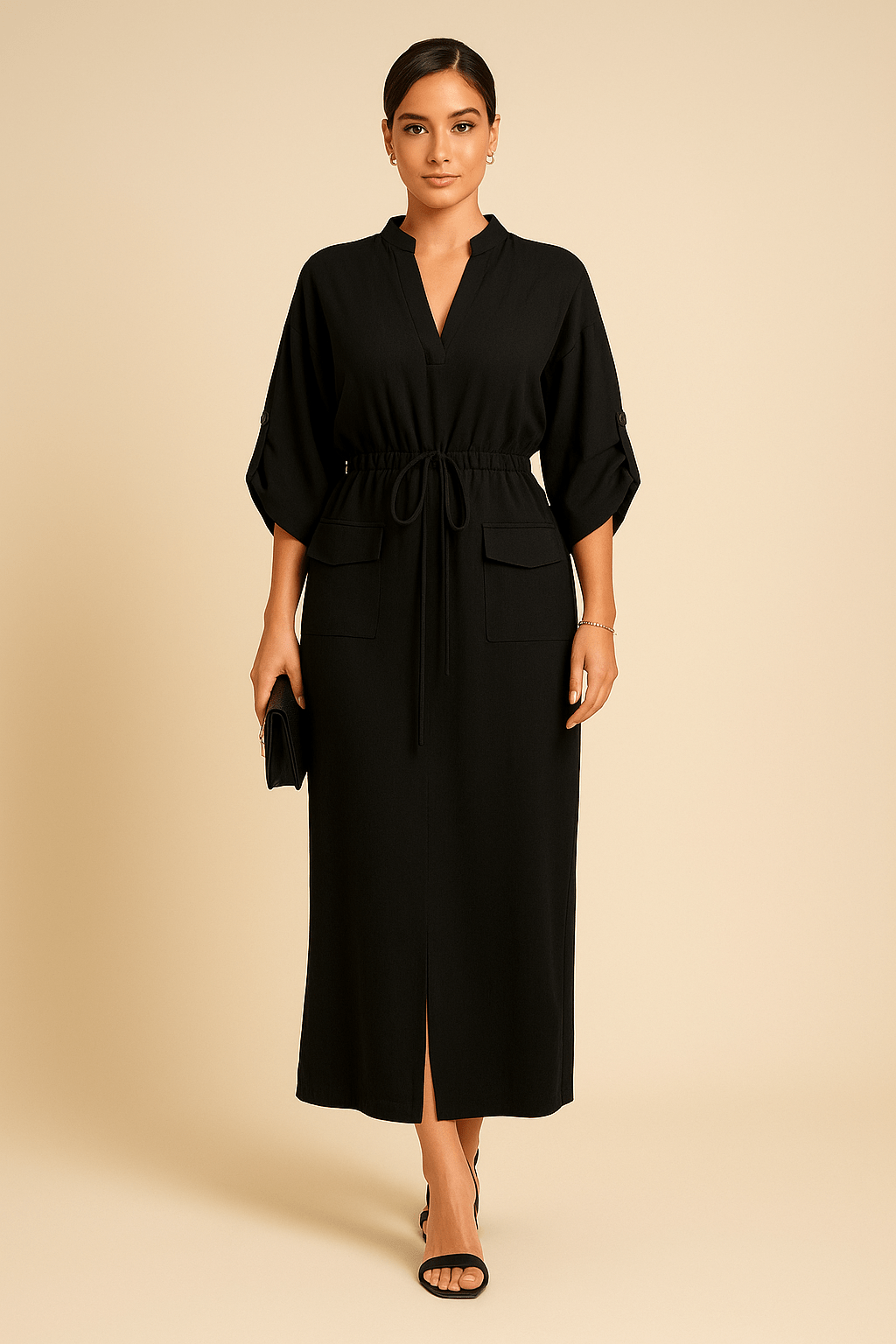 Robe Maxi Ceinturée à Manches Chauve-souris – Élégance Structurée et Confort Noir / S MAX for ME