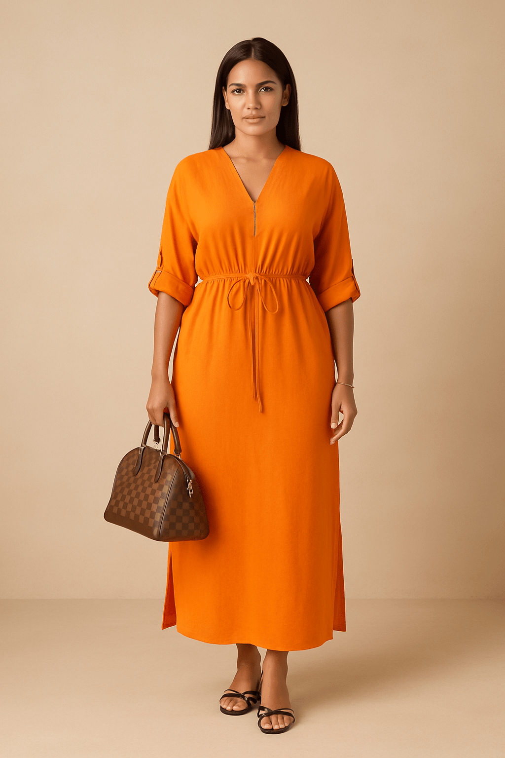 Robe Maxi Ceinturée à Manches Chauve-souris – Élégance Structurée et Confort Orange / S MAX for ME