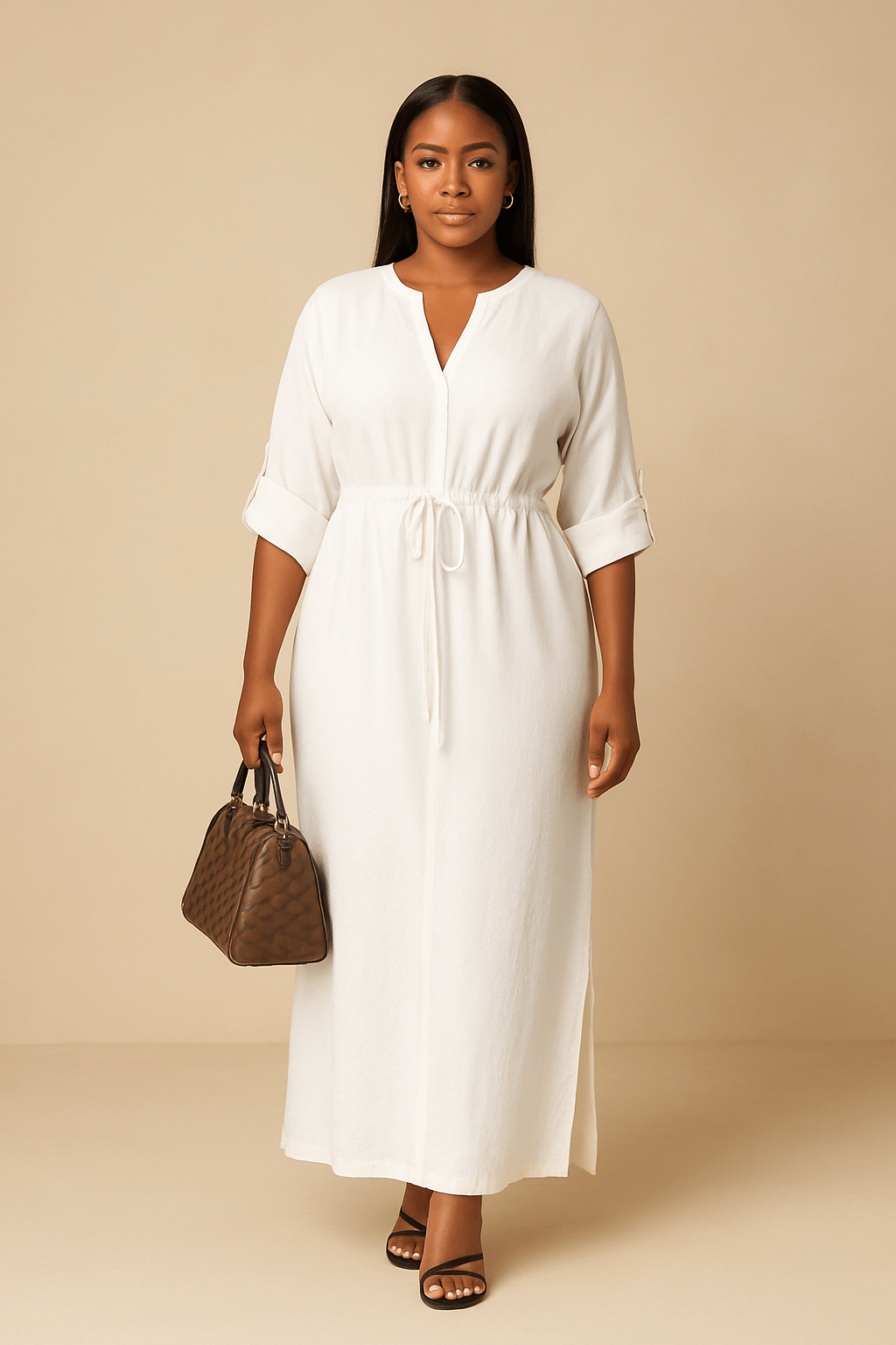 Robe Maxi Ceinturée à Manches Chauve-souris – Élégance Structurée et Confort Blanc / S MAX for ME