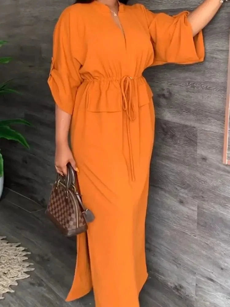 Robe Maxi Ceinturée à Manches Chauve-souris – Élégance Structurée et Confort Noir / S MAX for ME
