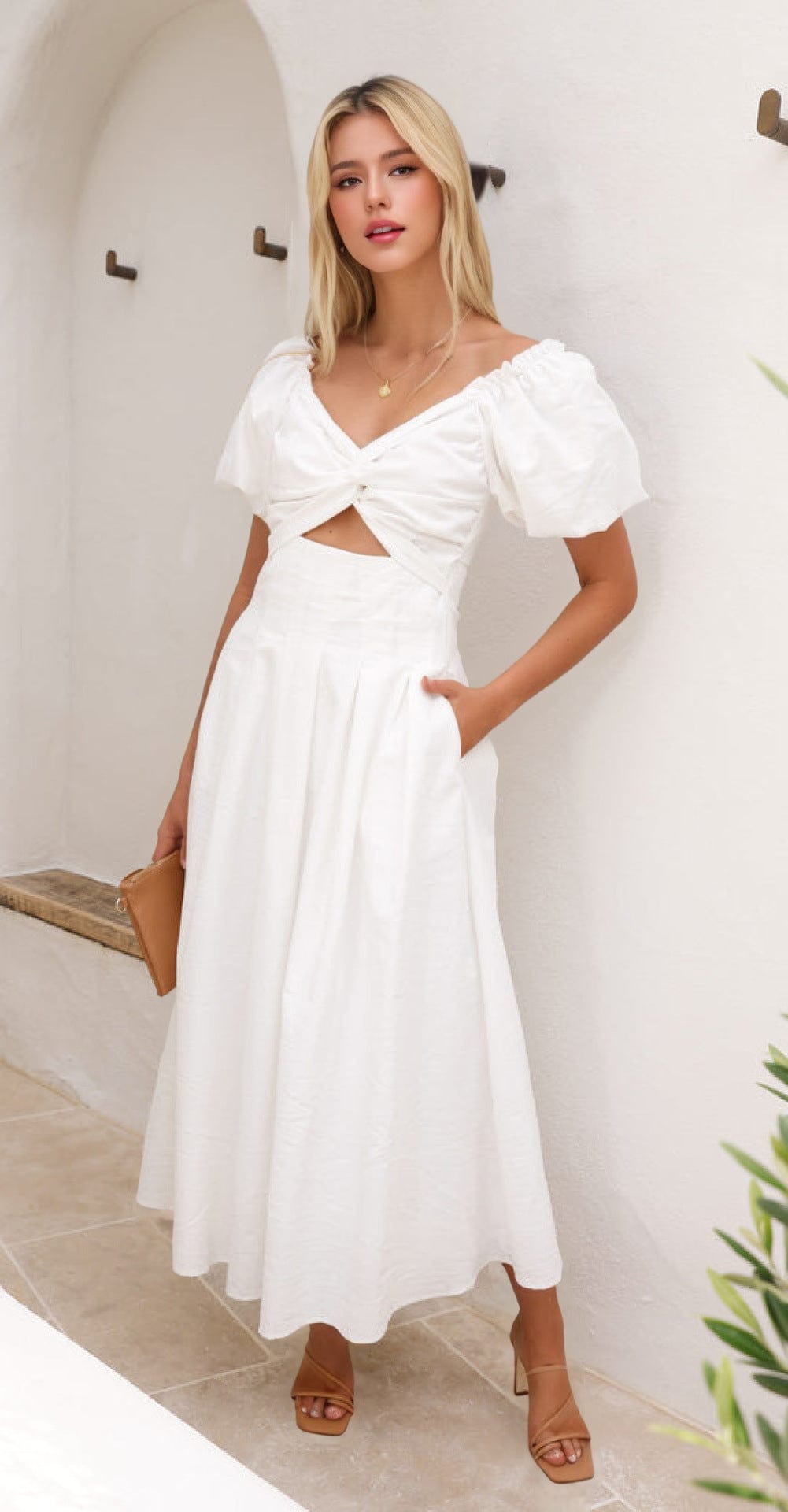 Robe Maxi Épaules Dénudées avec Manches Bouffantes – Élégance Décontractée Blanc / S MAX FOR ME