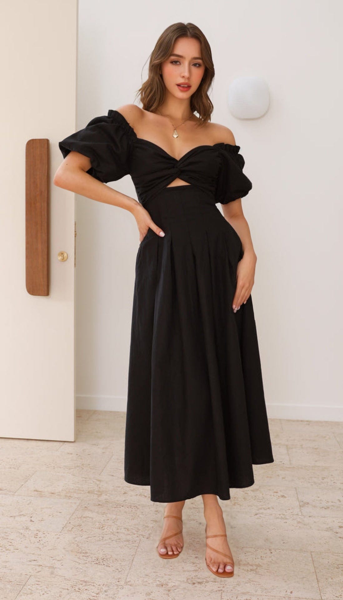 Robe Maxi Épaules Dénudées avec Manches Bouffantes – Élégance Décontractée 