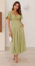 Robe Maxi Épaules Dénudées avec Manches Bouffantes – Élégance Décontractée Vert Doré / S MAX FOR ME