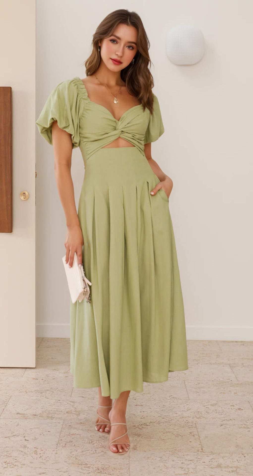 Robe Maxi Épaules Dénudées avec Manches Bouffantes – Élégance Décontractée Vert Doré / S MAX FOR ME