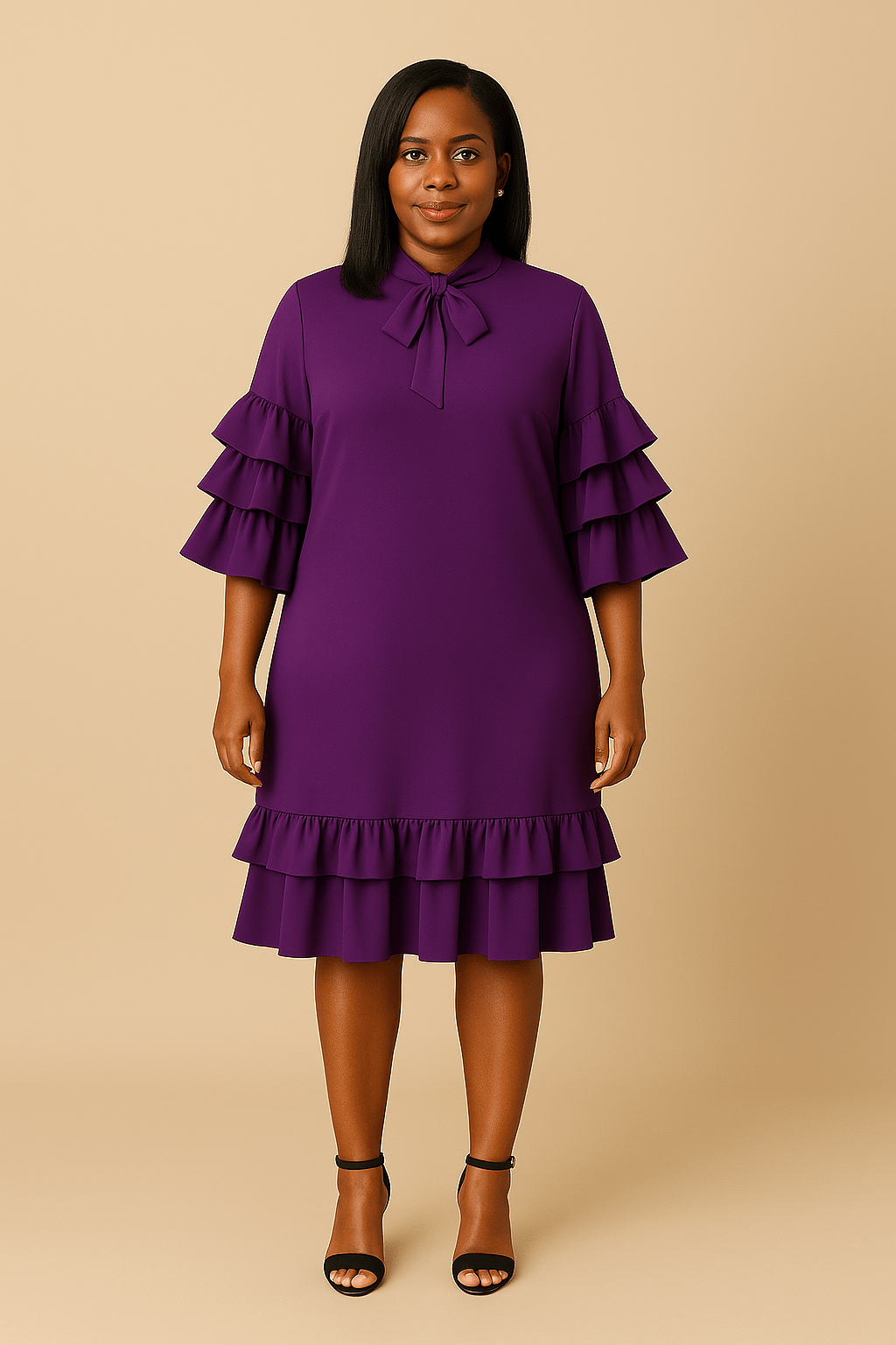Robe mi-longue chaude, col nœud papillon, manches et bas à volants 