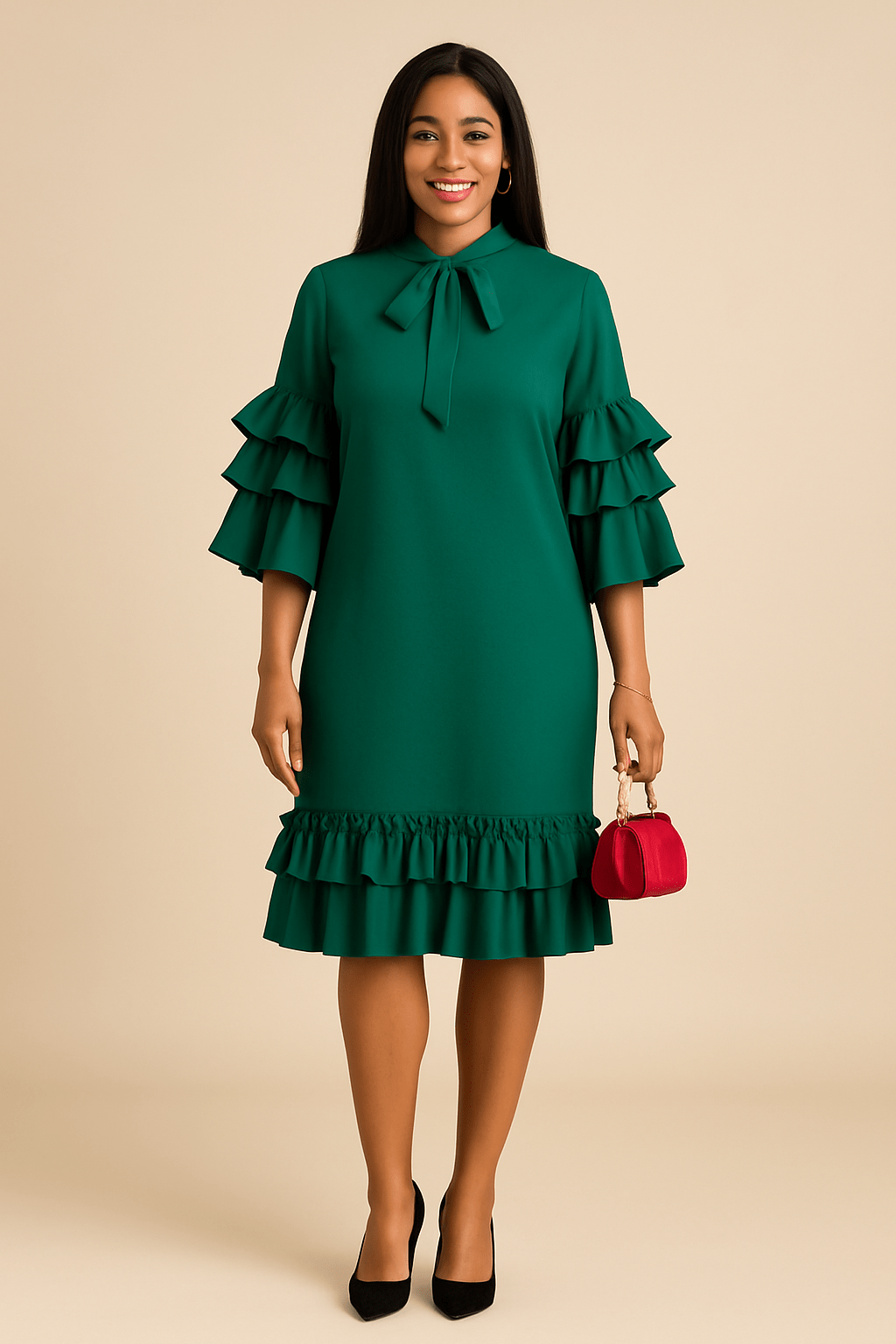 Robe mi-longue chaude, col nœud papillon, manches et bas à volants 