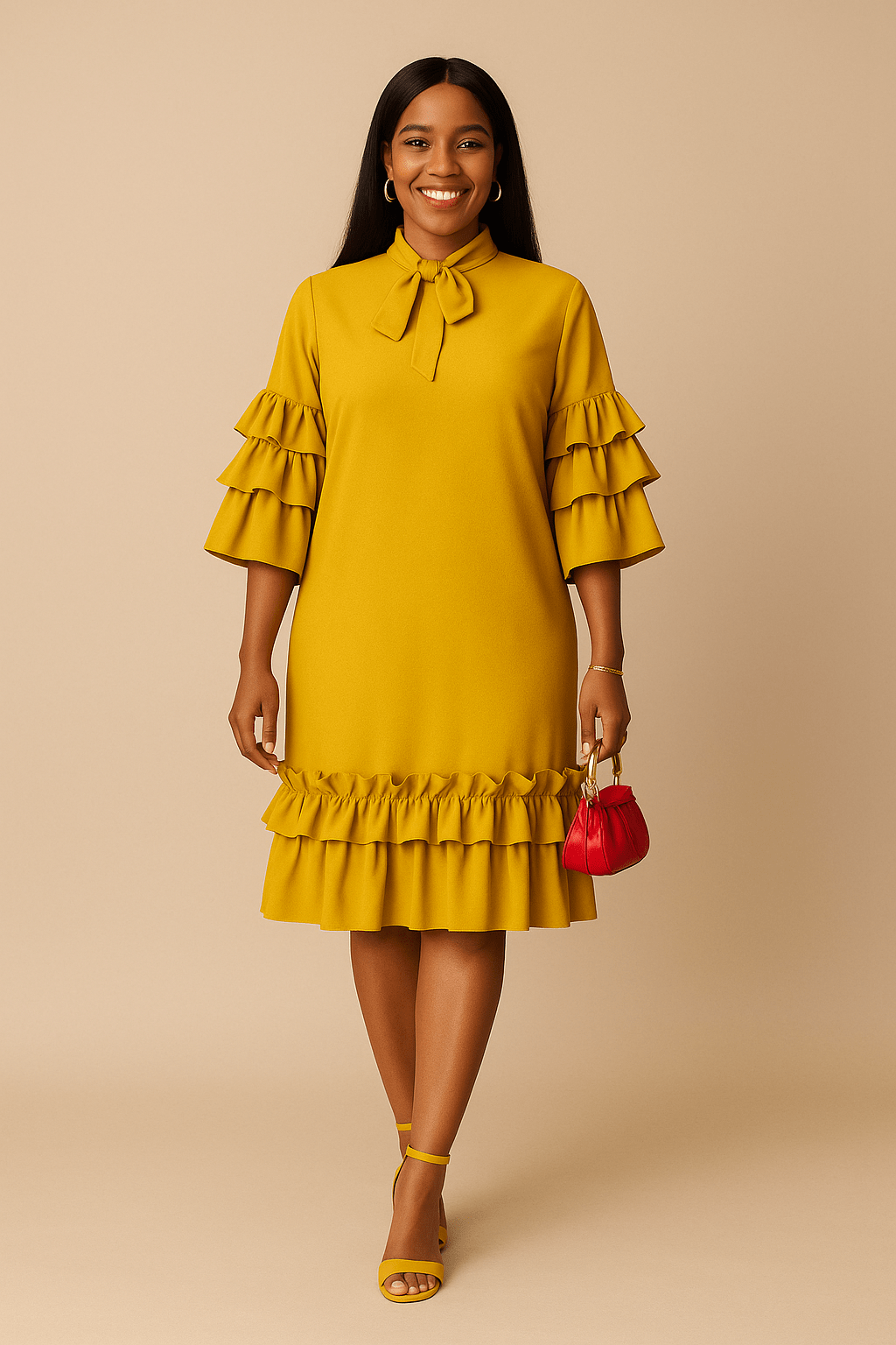 Robe mi-longue chaude, col nœud papillon, manches et bas à volants 