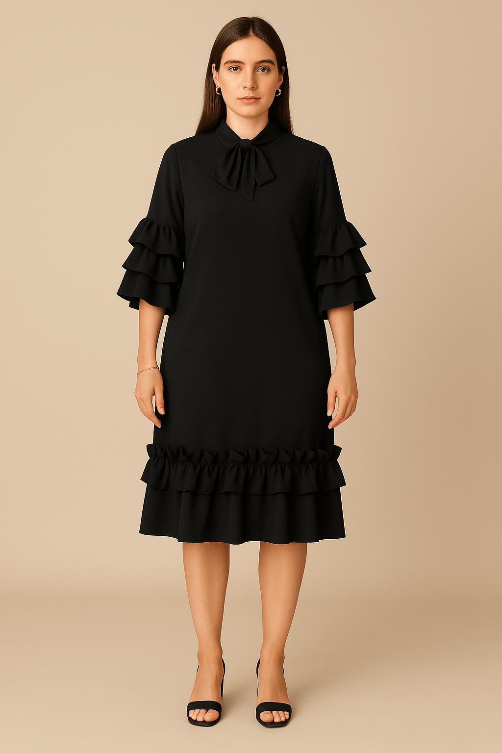 Robe mi-longue chaude, col nœud papillon, manches et bas à volants 