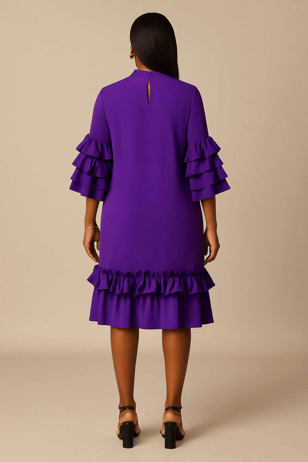 Robe mi-longue chaude, col nœud papillon, manches et bas à volants 