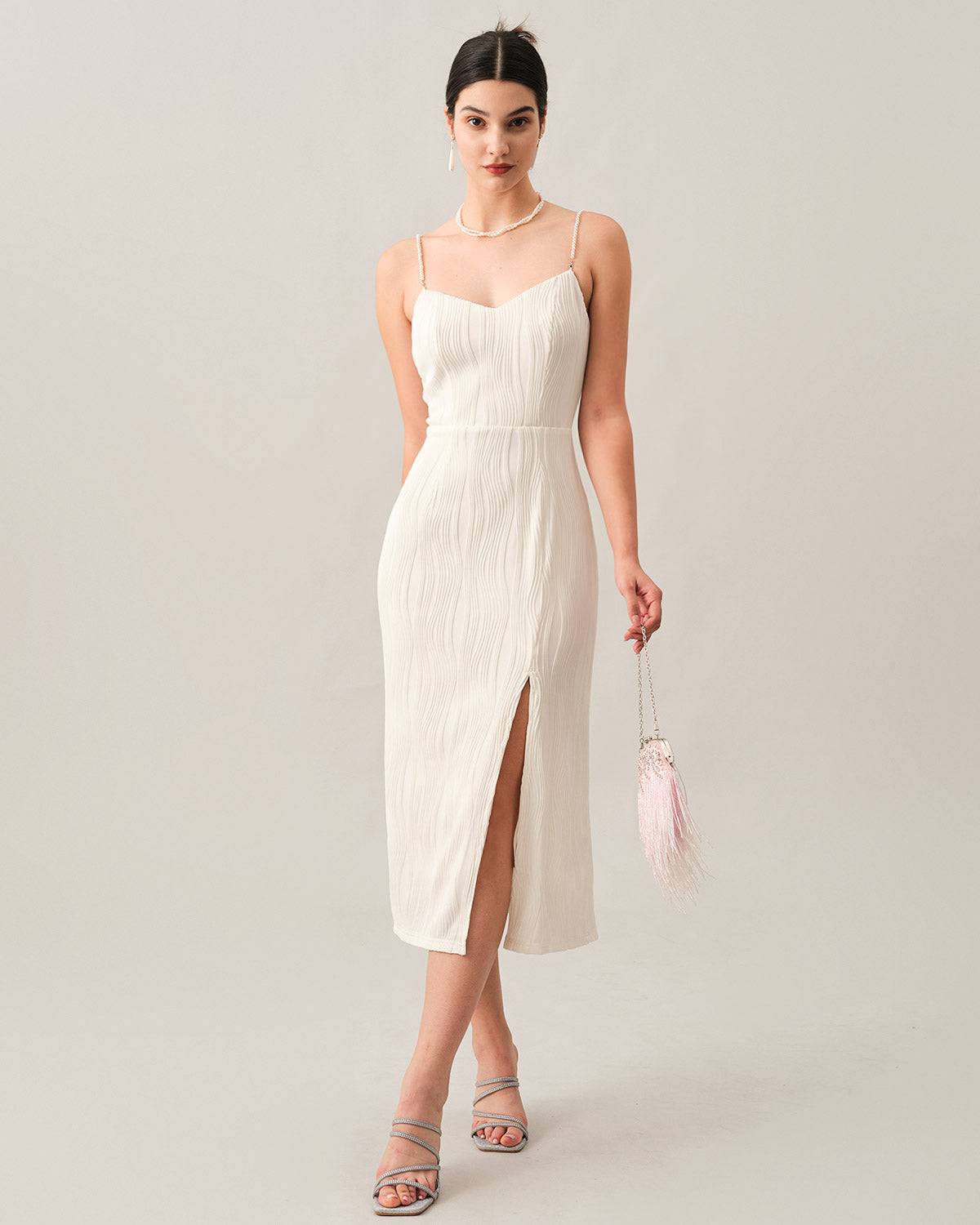 Robe Midi Blanche Élégante à Sangles Perles – Fente Latérale Chic MAX FOR ME