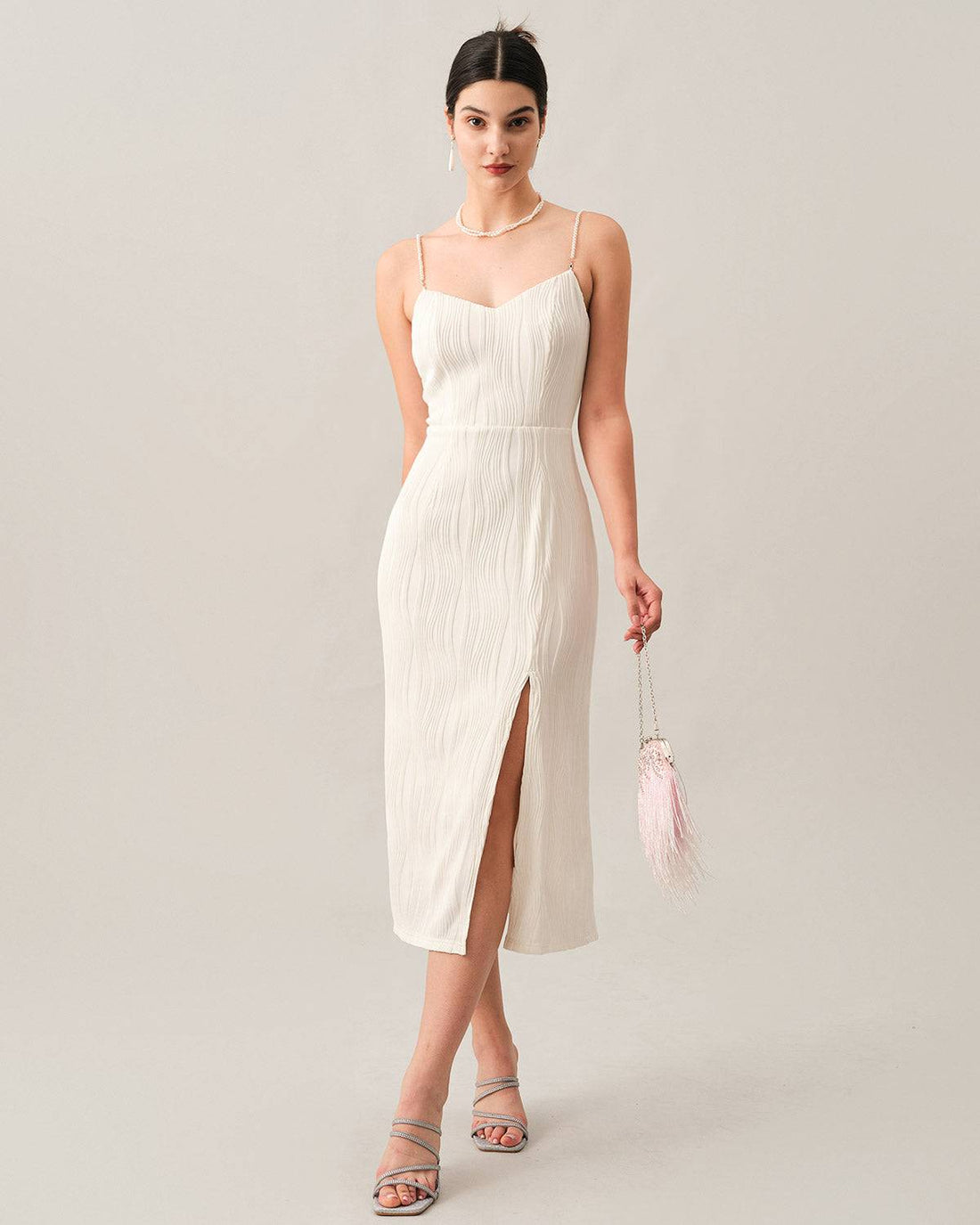 Robe Midi Blanche Élégante à Sangles Perles – Fente Latérale Chic MAX FOR ME