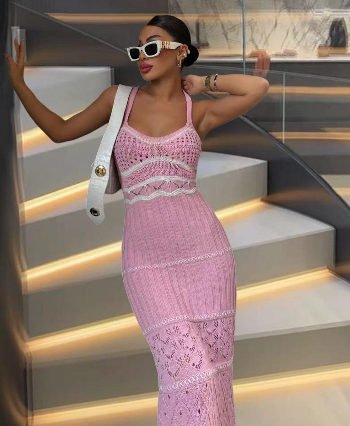 Robe Midi Crochet Sans Manches – Style Bohème Chic d’Été Rose Frais / XS MAX FOR ME