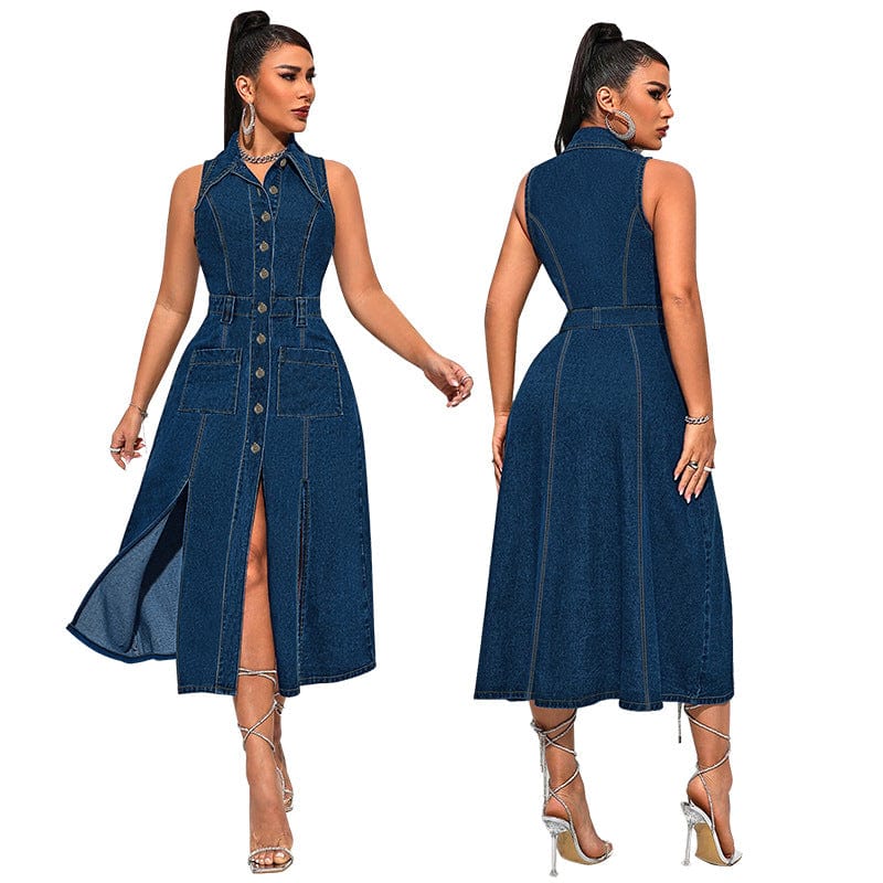 Robe midi en jean pour femme - Boutonnée sur le devant - Sans manches Bleu foncé / XL MAX FOR ME