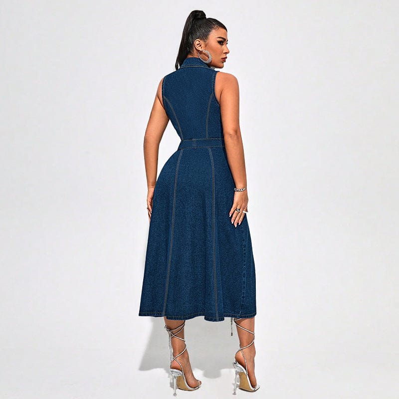 Robe midi en jean pour femme - Boutonnée sur le devant - Sans manches MAX FOR ME
