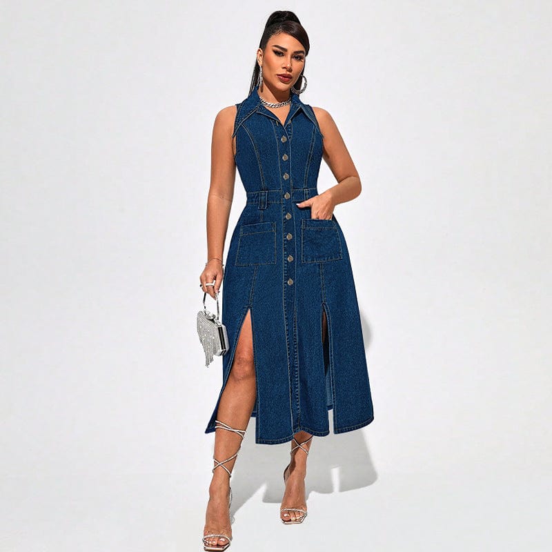 Robe midi en jean pour femme - Boutonnée sur le devant - Sans manches MAX FOR ME