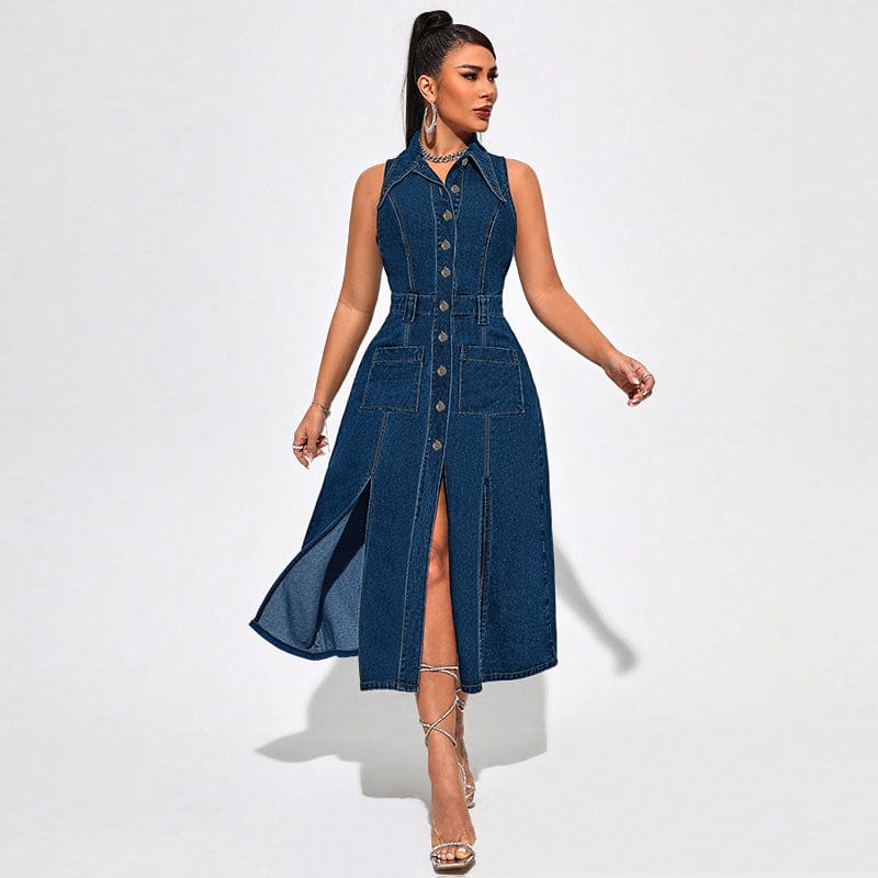 Robe midi en jean pour femme - Boutonnée sur le devant - Sans manches Bleu foncé / XL MAX FOR ME