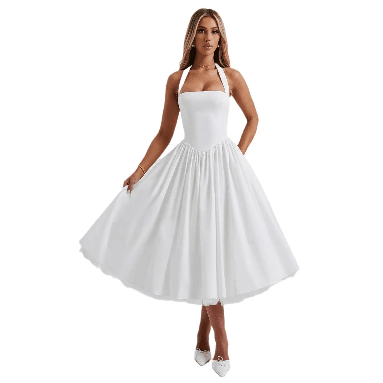 Robe Midi Évasée Pin-Up Sans Manches à Col Halter 