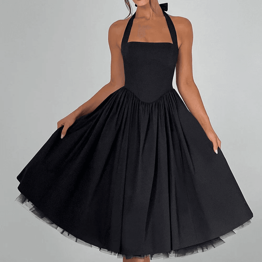 Robe Midi Évasée Pin-Up Sans Manches à Col Halter 