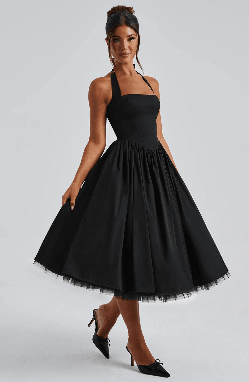 Robe Midi Évasée Pin-Up Sans Manches à Col Halter 