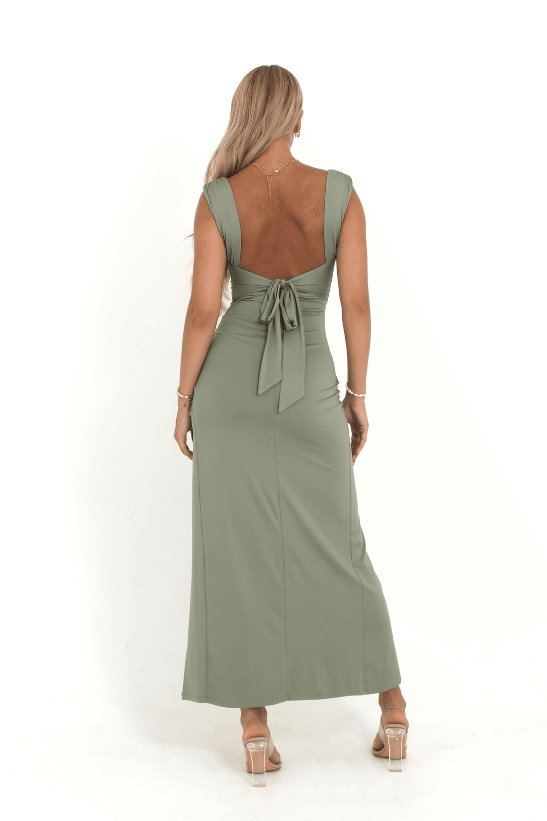 Robe Midi Sculptante Femme – Échancrure Élégante & Dos Noué Vert clair / S MAX FOR ME
