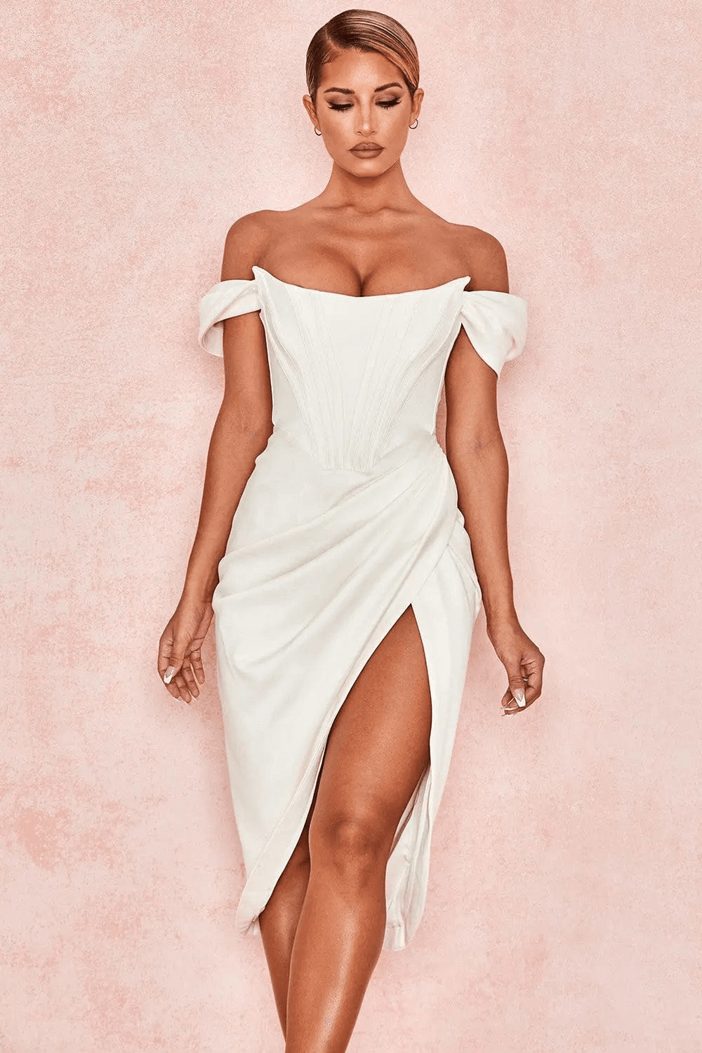 Robe midi Selma en satin duchesse avec corset et fente