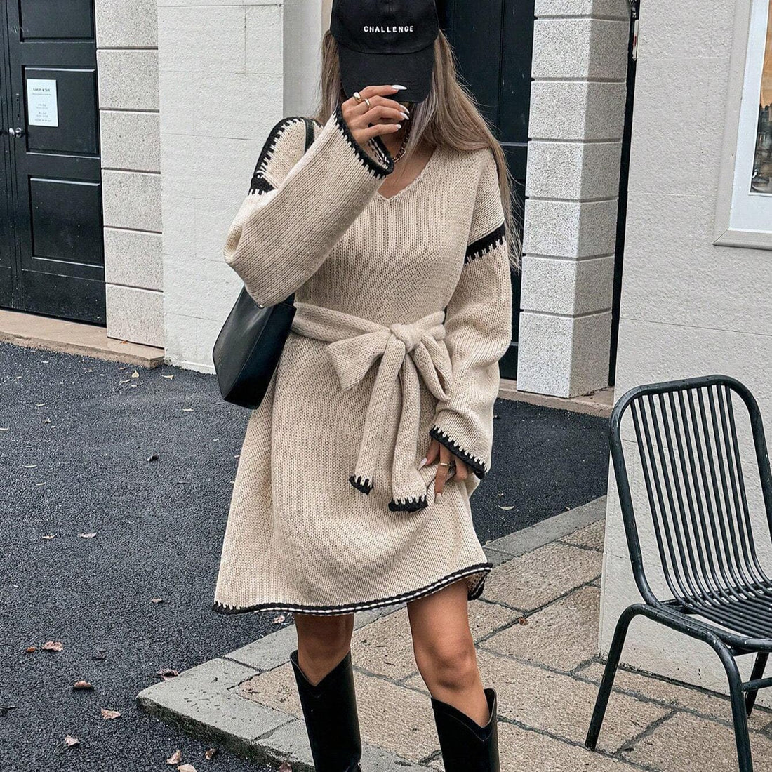 Robe pull en tricot à manches longues coupe ample avec ceinture style automne hiver - MAX FOR ME Beige / S MAX for ME