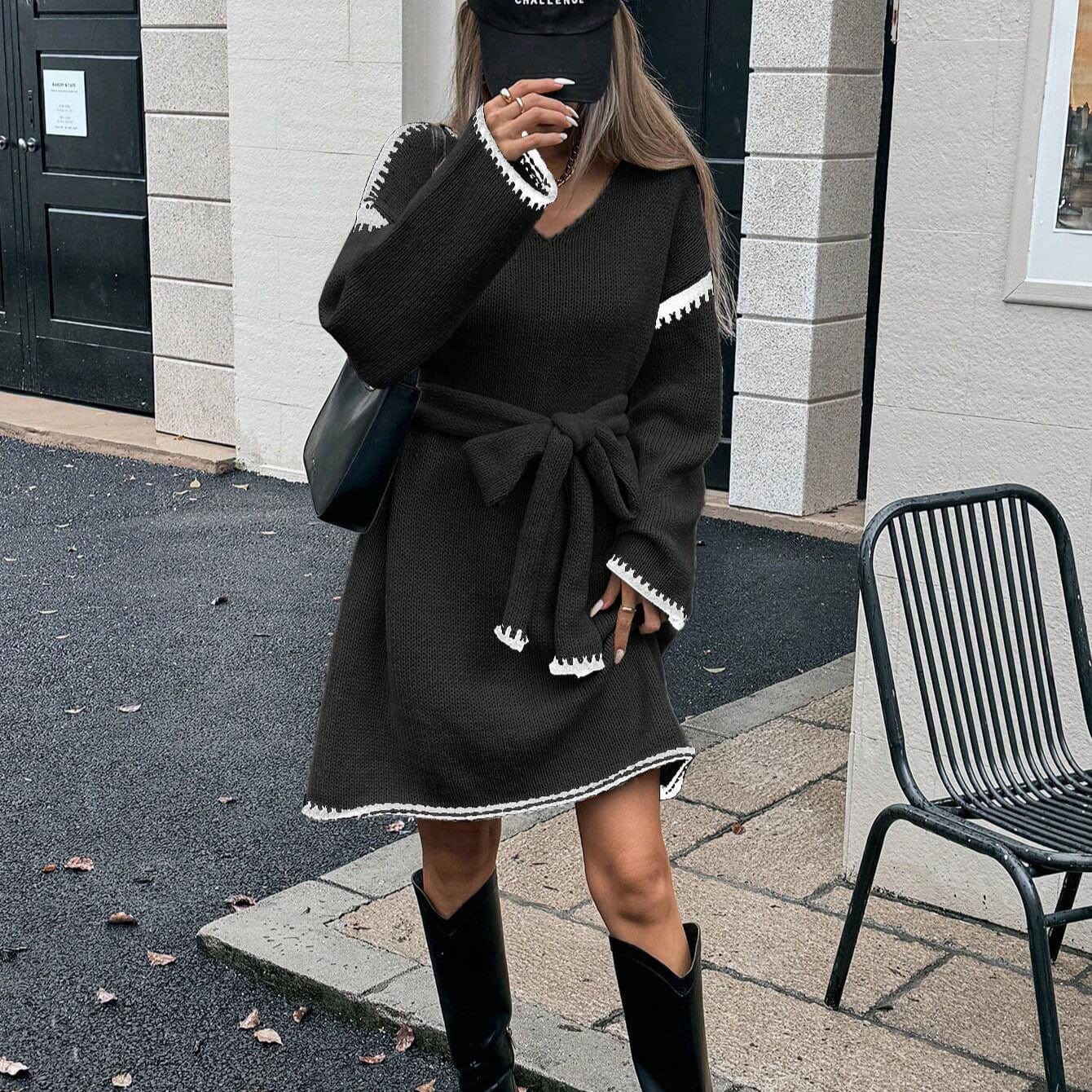 Robe pull en tricot à manches longues coupe ample avec ceinture style automne hiver - MAX FOR ME Noir / S MAX for ME