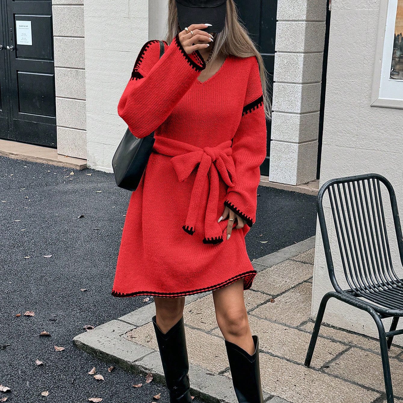 Robe pull en tricot à manches longues coupe ample avec ceinture style automne hiver - MAX FOR ME Rouge / S MAX for ME