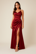 Robe Satinée Drapée Élégance Divine – Robe Longue Fendue Chic Rouge / S MAX for ME