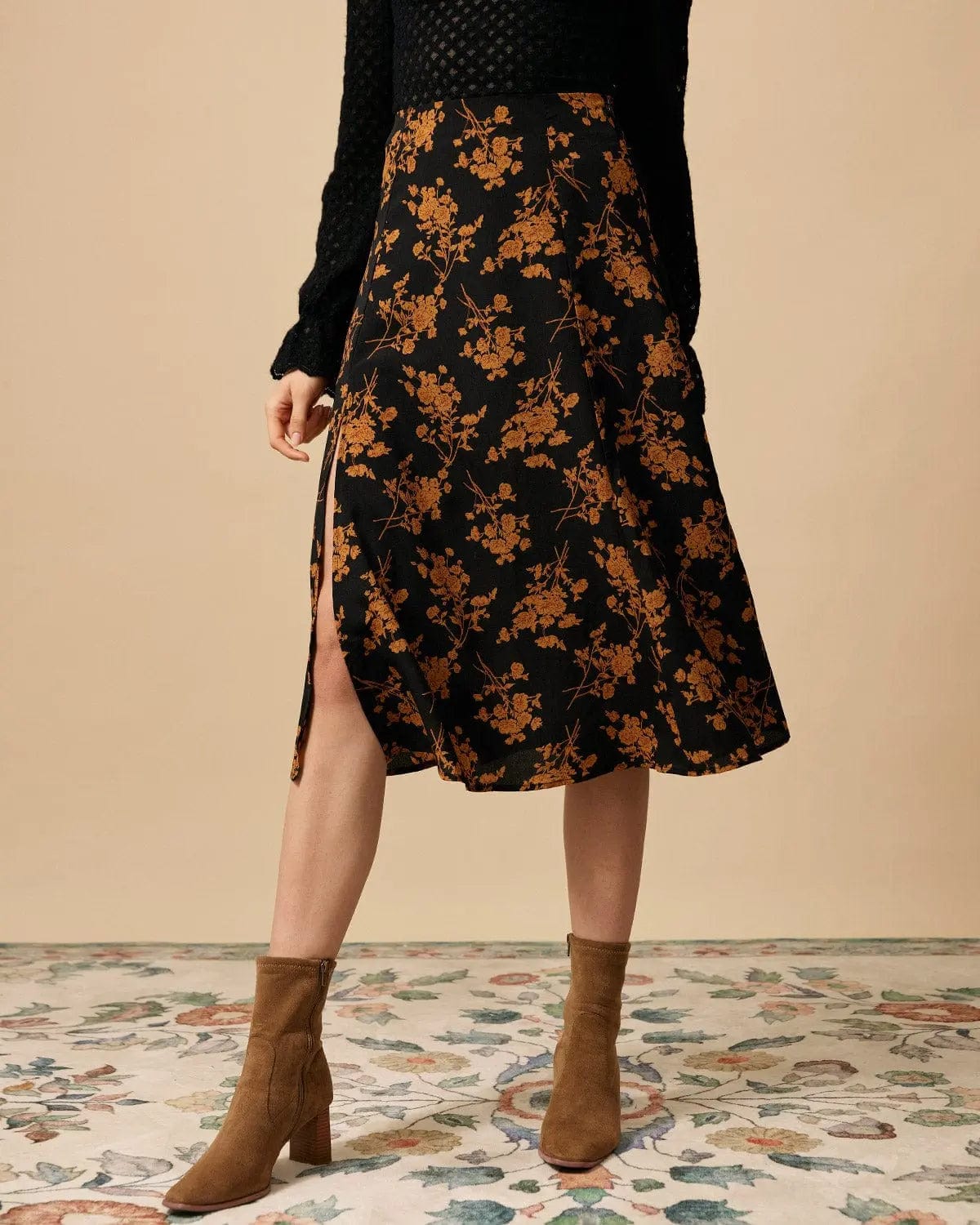Variant image for Jupe Longue Femme Florale Taille M Polyester Fente Latérale-1