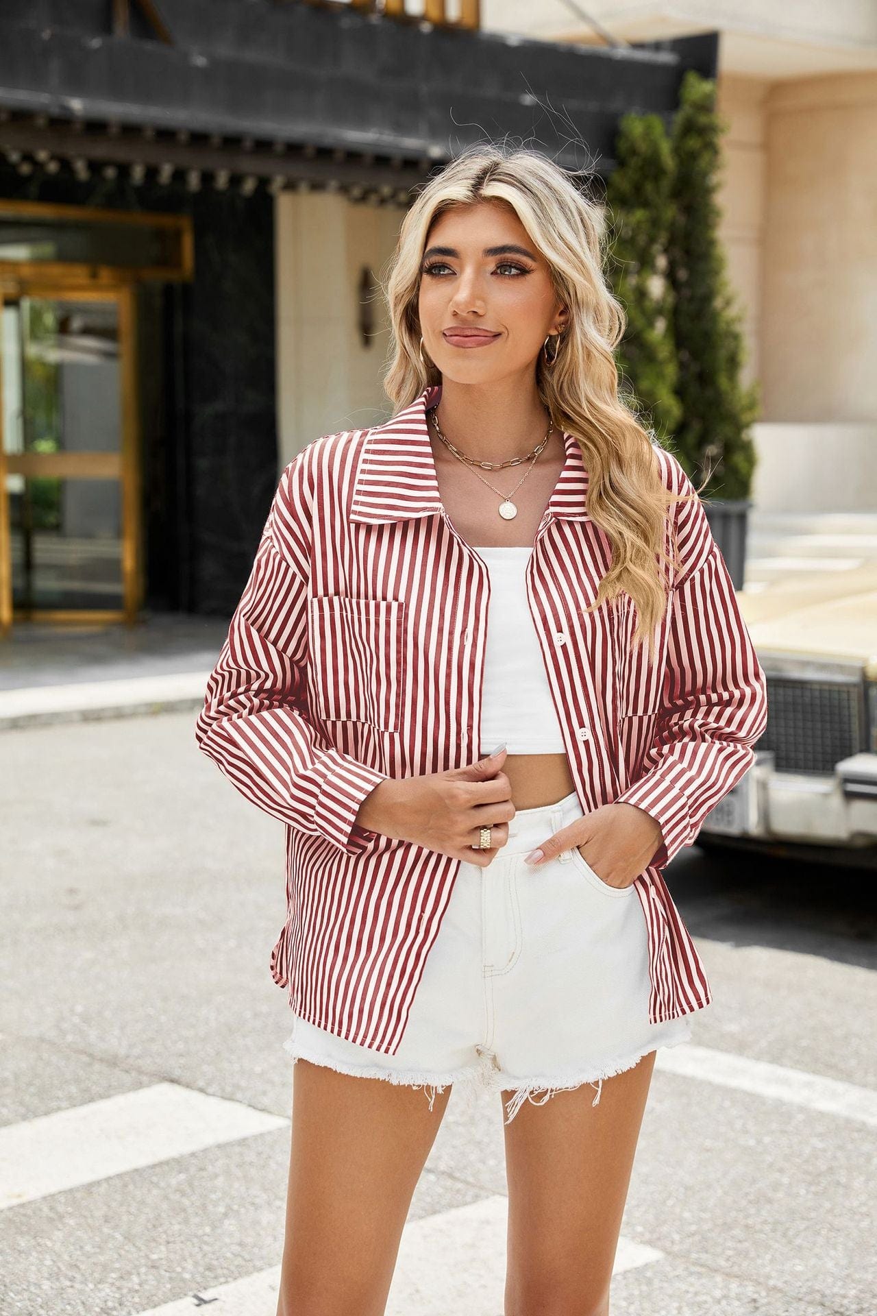 Top rayé chic – Décolleté ajusté à boutons et style rétro estival Rouge Nuit / S MAX FOR ME