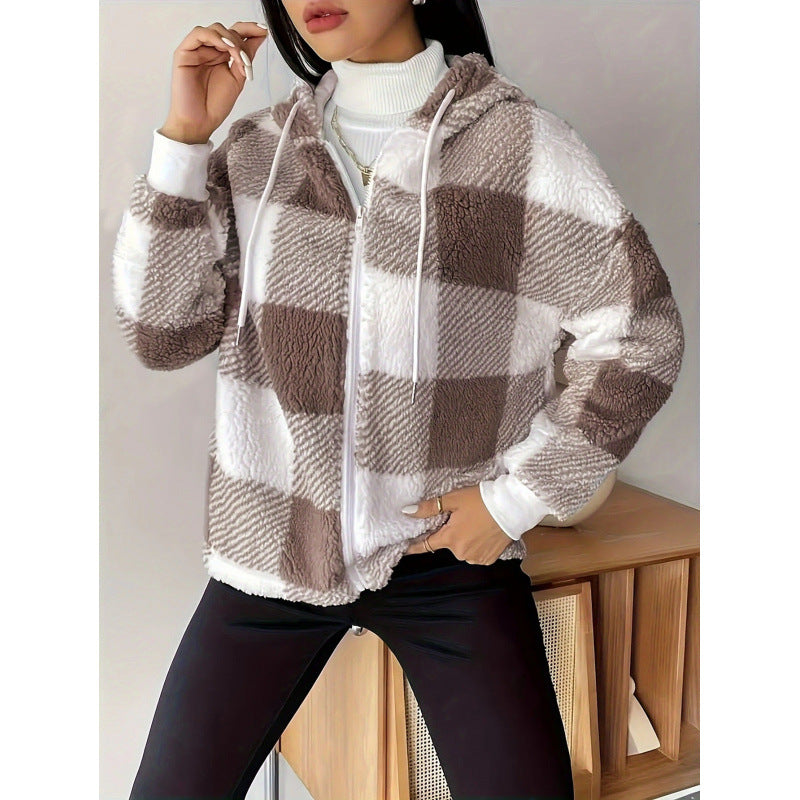Veste bomber femme carreaux beige fourrure légère urbain MAX FOR ME
