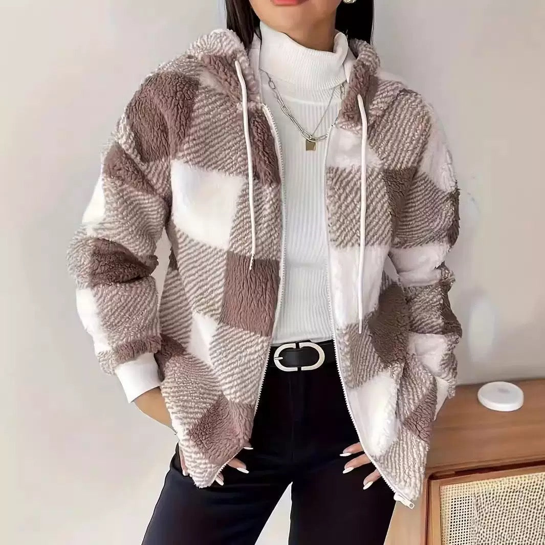 Veste bomber femme carreaux marron coupe ample moderne MAX FOR ME