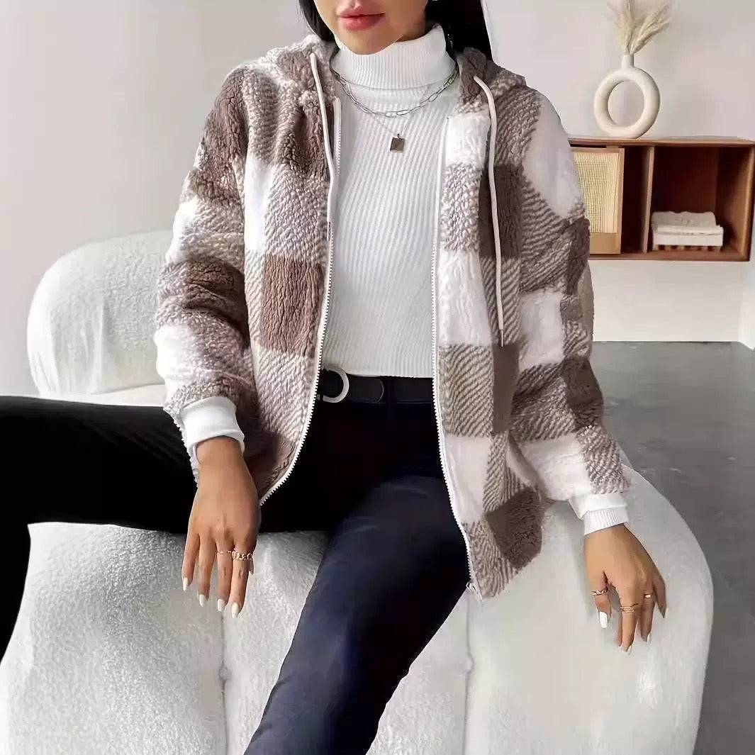 Veste bomber femme carreaux beige fourrure légère urbain MAX FOR ME