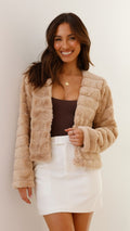 Veste courte pour femme – Fausse fourrure – Matelassé – Devant ouvert – Coupe structurée – Texture pelucheuse Beige / S MAX FOR ME