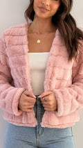 Veste courte pour femme – Fausse fourrure – Matelassé – Devant ouvert – Coupe structurée – Texture pelucheuse Rose / S MAX FOR ME