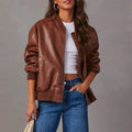 Veste en cuir pour femme – Coupe oversize – Fermeture éclair – Ourlet côtelé – Longueur hanches Marron / S MAX FOR ME