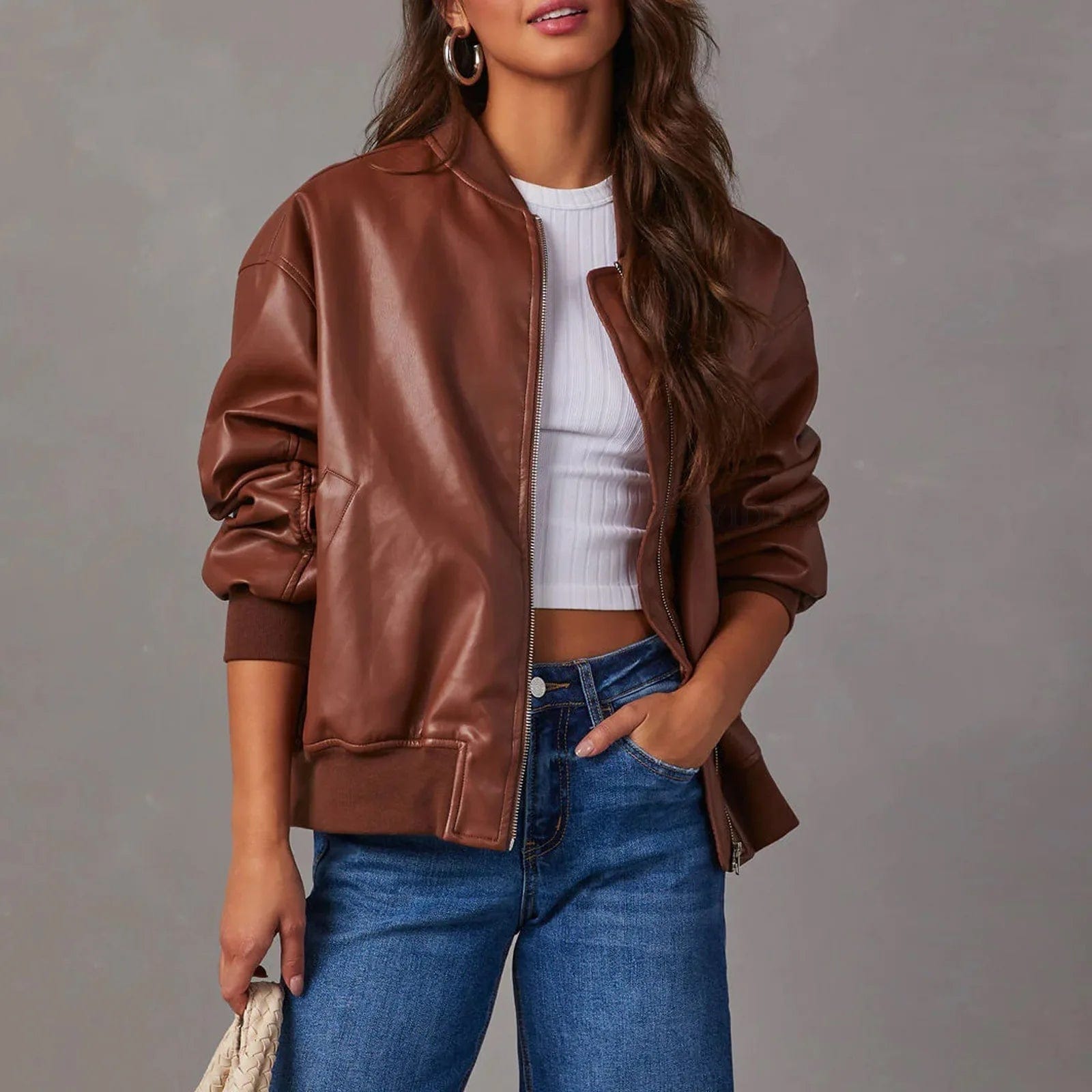 Veste en cuir pour femme – Coupe oversize – Fermeture éclair – Ourlet côtelé – Longueur hanches Marron / S MAX FOR ME