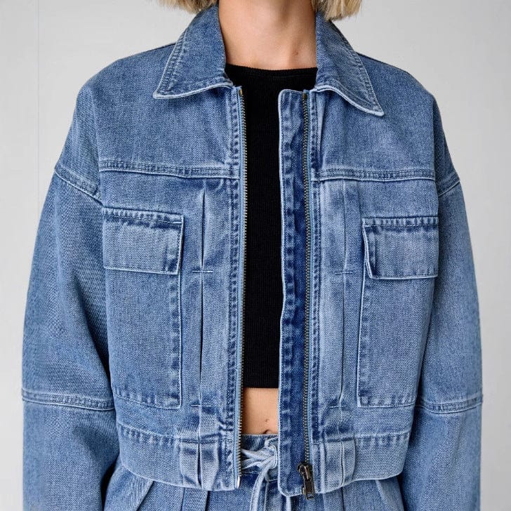 Veste en jean pour femme – Coupe oversize – Longueur courte – Fermeture éclair sur le devant – Poches utilitaires Haut bleu / S MAX FOR ME