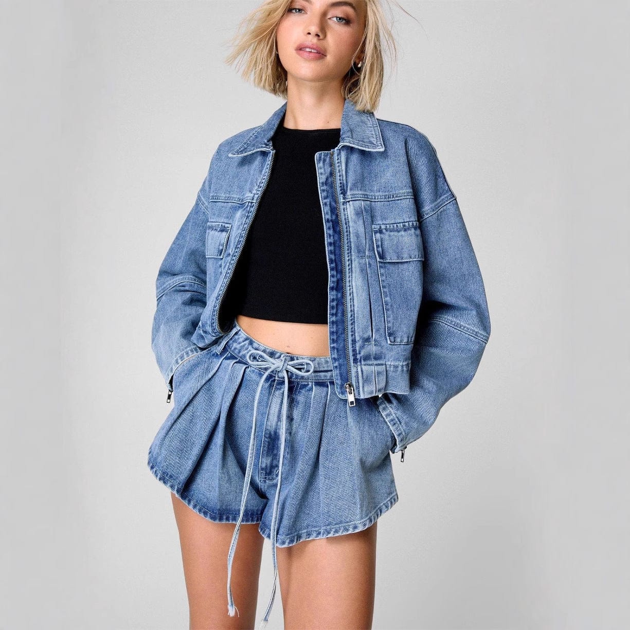 Veste en jean pour femme – Coupe oversize – Longueur courte – Fermeture éclair sur le devant – Poches utilitaires MAX FOR ME