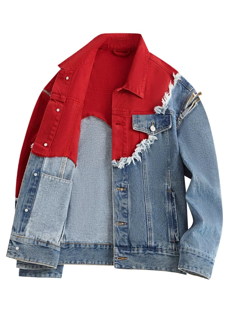 Veste jean bicolore rouge denim effet superposé unisexe MAX FOR ME