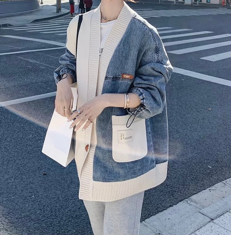 
Veste jean maille style bomber bleu gris mix matières MAX FOR ME