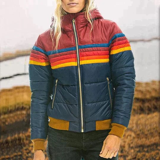 Veste matelassée pour femme – Coupe classique – Capuche – Poches zippées – Rayures sportives Bleu foncé / XS MAX FOR ME