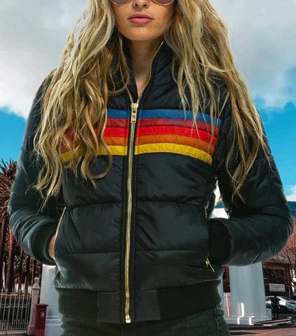 Veste matelassée pour femme – Coupe classique – Capuche – Poches zippées – Rayures sportives Noir / XS MAX FOR ME