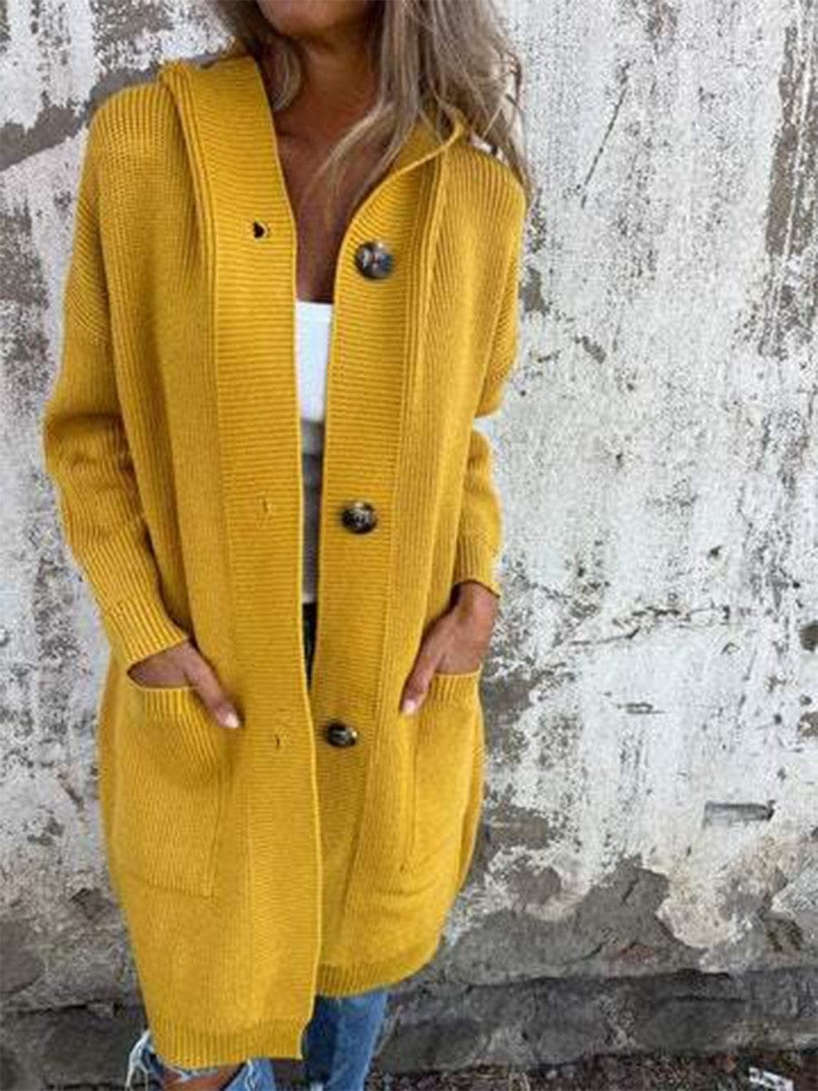 Veste tricotée pour femme – Coupe décontractée – Capuche – Texture côtelée – Boutonnée sur le devant – Poches Jaune / S MAX FOR ME